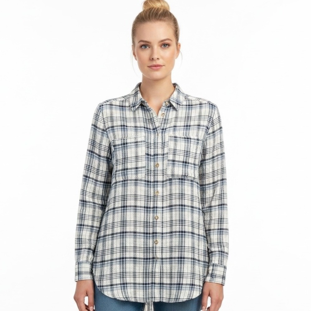 Pilcro Anthropologie Navy White Plaid Button Down Shirt XS OB2332421